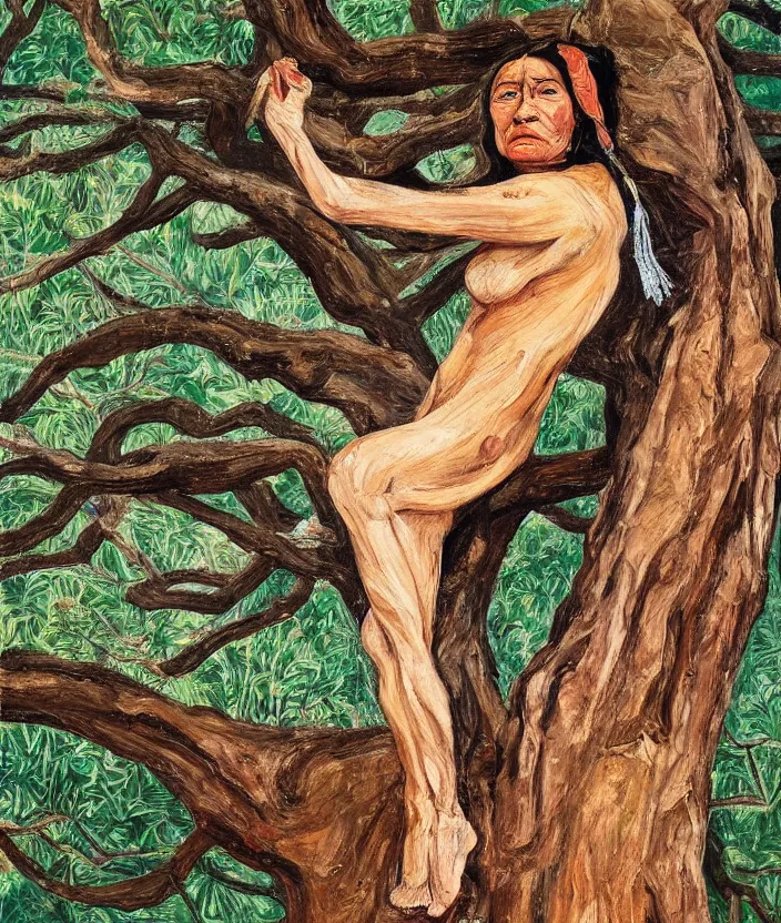 Image similar to indigenous woman on top of a tree, painted by lucian freud, hd, super detailed, realistic, muted colors