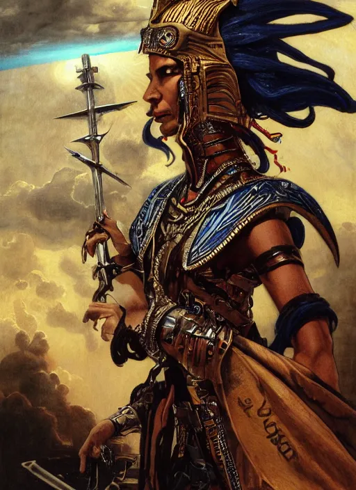 Prompt: dynamic! middle portrait of a biblical diabolical pirate female pharaoh, stylish leather armor, pirate ship! bright glowing eyes, in clouds, strong studio lights, thunder, storm, sunset, by gerald brom, by mikhail vrubel, by peter elson, muted colors, extreme detail, mirrors, trending on artstation, 8 k