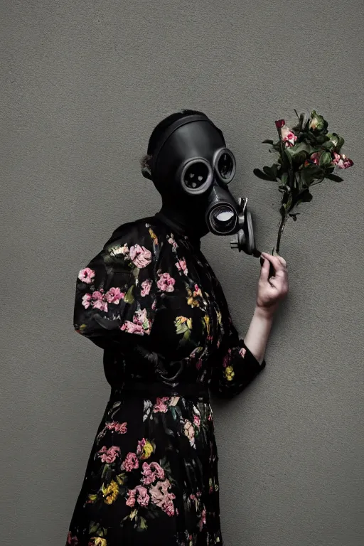 Image similar to a surreal portrait of a woman wearing gas mask falling into a wall of black flowers in the style of brooke didonato, editorial fashion photography from vogue magazine, full shot, nikon d 8 1 0, ƒ / 2. 5, focal length : 8 5. 0 mm, exposure time : 1 / 8 0 0, iso : 2 0 0