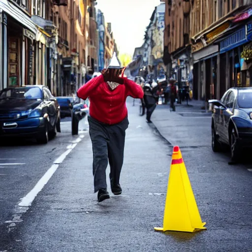 Prompt: a drunk man with a cone on his head wobbling down the street in the evening,