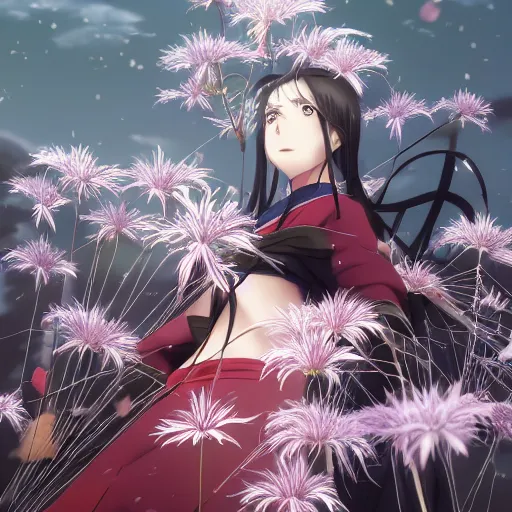 Image similar to portrait of odu nobukatsu burning in the field of spider lilies, anime fantasy illustration by tomoyuki yamasaki, kyoto studio, madhouse, ufotable, square enix, cinematic lighting, trending on artstation