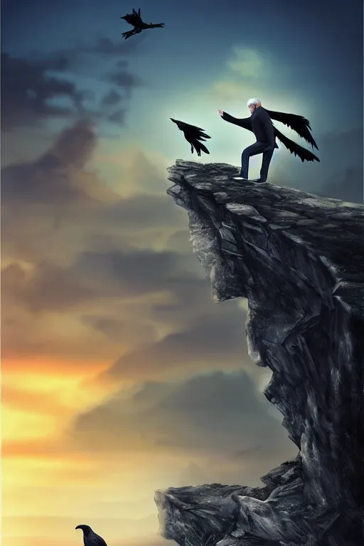 Image similar to elderly man falling off a cliff, tragic moment, 8 k, art by artgerm, award winning photo, sunset in background, wolfs growling on cliff edge, ravens in the sky, highly - detailed