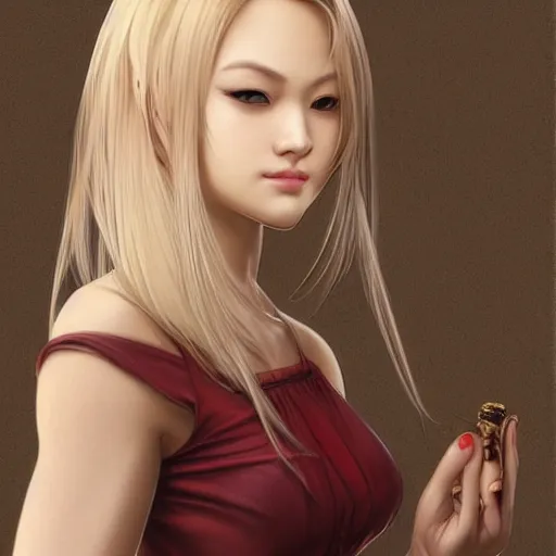 Image similar to Blonde Girl from Yakuza with thin lips, pronounced cheekbones, hair of medium length (longer caret), highly detailed, digital painting, artstation, concept art, smooth, sharp focus, illustration, ArtStation, art by artgerm and greg rutkowski and alphonse mucha and J. C. Leyendecker and Edmund Blair Leighton and Katsuhiro Otomo and Geof Darrow and Phil hale and Ashley wood and Ilya repin and Charlie Bowater