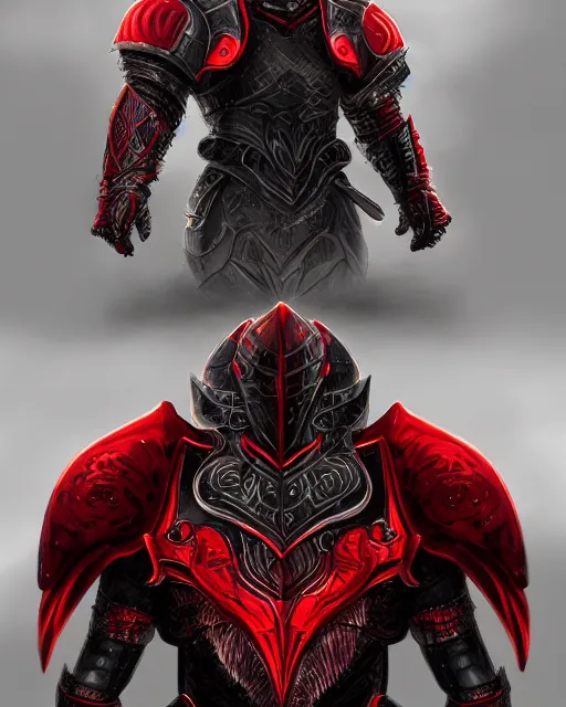 Image similar to knight armored in red, intricate, fantasy art, trending on artstation