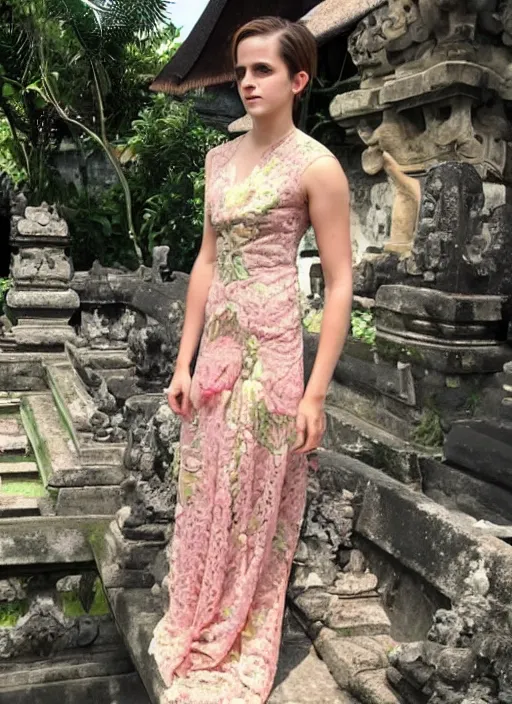 Prompt: emma watson wearing kebaya bali in bali. iconic place in bali. front view. instagram holiday photo shoot, perfect faces