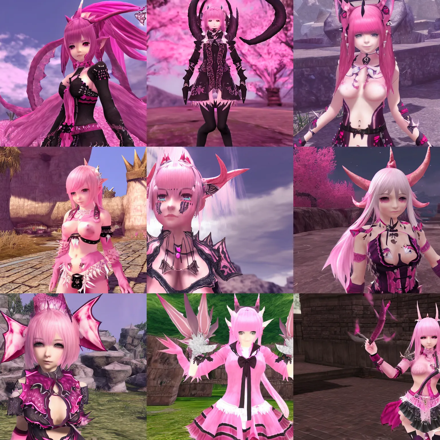 Prompt: An Au Ra woman with horns, a spiked tail, and patches of scales on her skin posing cutely, Final Fantasy XIV, pink clothing, ingame screenshot, friendly