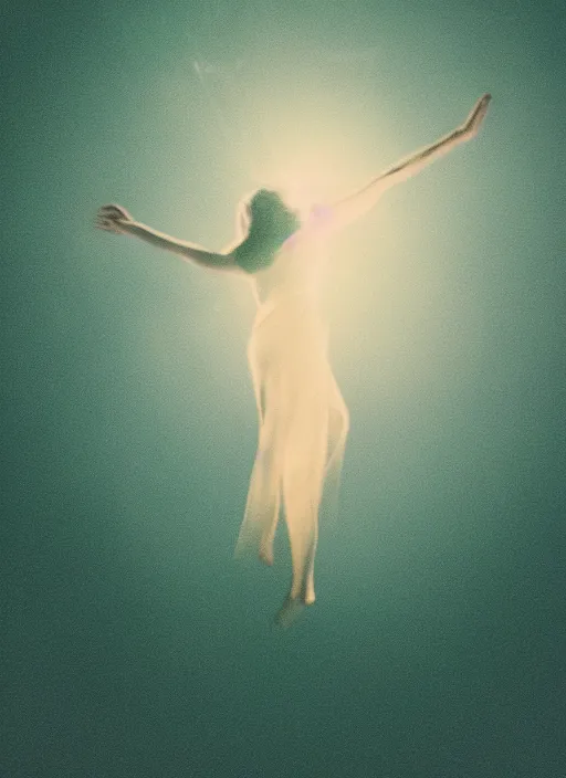 Image similar to elegant female ascending into the sky, glowing aura, motion blur, out of focus, film grain, cinematic lighting, experimental film, shot on 1 6 mm, soft lighting