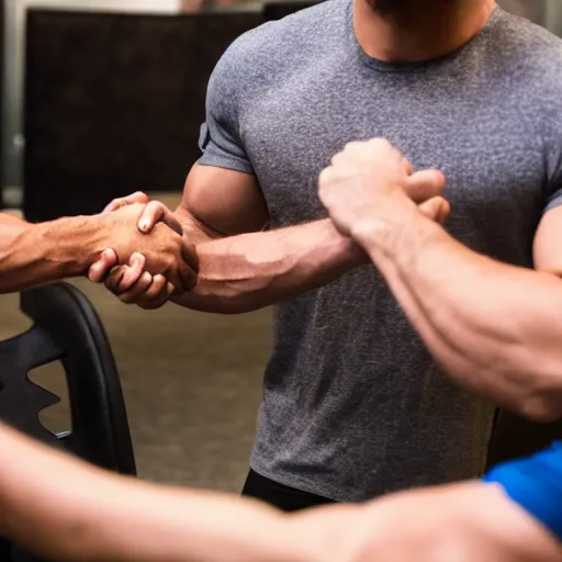 Image similar to two muscular menshaking hands in a way that looks like they are arm wrestling. sigma 8 5 mm f / 1. 4