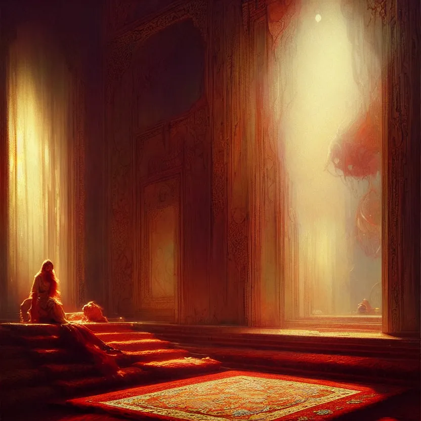 Image similar to magic fluffy Persian carpet & mirror dimension, by Greg Rutkowski and Gaston Bussiere, dim lighting, beautiful volumetric-lighting-style atmosphere, surreal atmosphere, intricate, detailed, photorealistic imagery, artstation