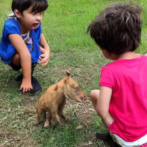 Image similar to two kids discovering an animal that does not exist