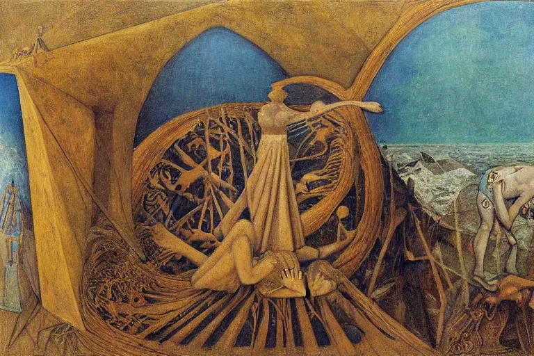 Image similar to the wake of the unseen object,by Remedios Varo and Nicholas Roerich and Adolf Wölfli and ford madox brown, symbolist, dramatic lighting, elaborate geometric ornament, cool blue and green colors, Art Brut, smooth, sharp focus, extremely detailed