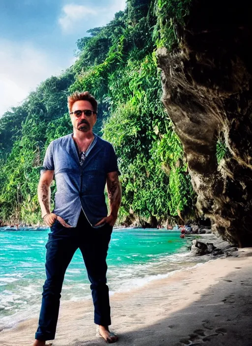 Image similar to a full portrait photo of robert downey jr holiday in iconic spot in bali, f / 2 2, 3 5 mm, 2 7 0 0 k, lighting, perfect faces, award winning photography.