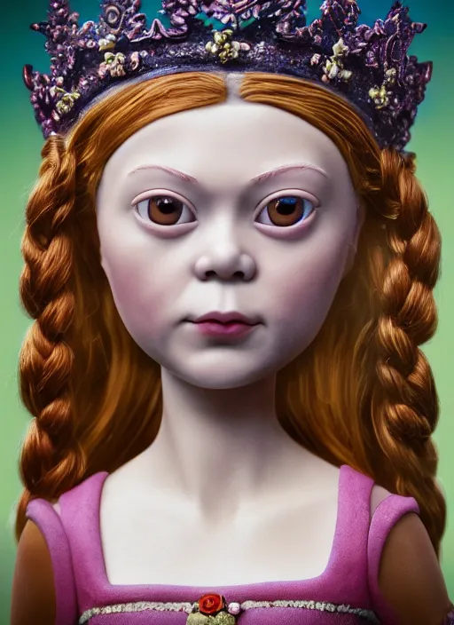 Prompt: closeup face profile portrait of tin toy greta thunberg as a fairytale goth princess wearing a crown eating cakes, bikini, depth of field, zeiss lens, detailed, symmetrical, centered, fashion photoshoot, by nicoletta ceccoli, mark ryden, lostfish, breathtaking, 8 k resolution, extremely detailed, beautiful, establishing shot, artistic, hyperrealistic, octane render