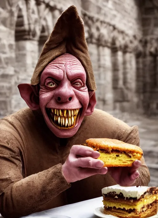 Image similar to closeup portrait of a medieval goblin eating cakes in the cloisters, depth of field, zeiss lens, detailed, symmetrical, centered, fashion photoshoot, by Annie Leibovitz and Steve McCurry, David Lazar, Jimmy Nelsson, Breathtaking, 8k resolution, extremely detailed, beautiful, establishing shot, artistic, hyperrealistic, beautiful face, octane render