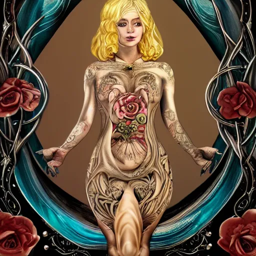 Image similar to blonde girl in a cosmic dress, full-body tattoos, ornate, rococo, grotesque, zbrush art, majestic, organics, silver filigree, colorful, dark fantasy, celtic knot, anatomical, h r giger style, moebius, frank frazetta, ornate, art nouveau, symmetrical, turquoise jewelry, red smoke, roses, unbiased render, rotten, Emil melmoth, eerie, macabre, haunting + insanely detailed and intricate, floral, faded pink, hypermaximalist, elegant, vintage, hyper realistic, super detailed, pastel colors,