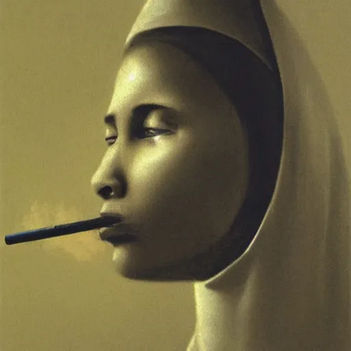 Image similar to a young black nun smoking and puffing lots of smoke, minimalistic background, by Beksinski