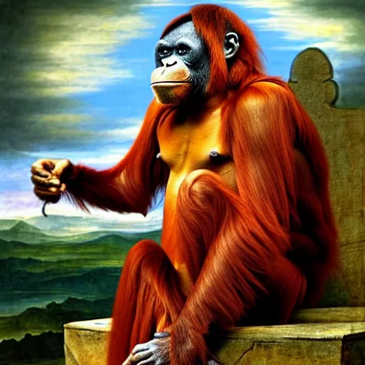 Prompt: a orangutan as the king of a kingdom sitting on his throne, digital art, renaissance painting, fantasy art, ultra detailed, as coherent as Dall-E 2