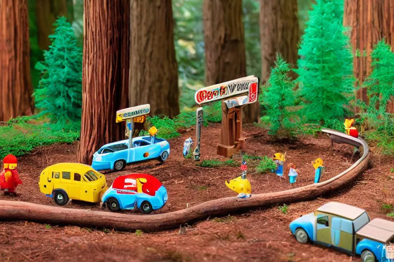 Image similar to fisher price redwood forest, california scene from tv show hyper detailed 5 5 mm 8 5 mm, toy photography, made out of plastic