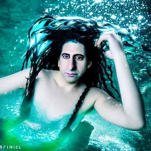 Image similar to Kevin Mitnick as a mermaid, grungy, unkept hair, glowing eyes, modelsociety, radiant skin, huge anime eyes, RTX on, perfect face, vogue, directed gaze, intricate, Sony a7R IV, symmetric balance, polarizing filter, Photolab, Lightroom, 4K, Dolby Vision, Photography Award