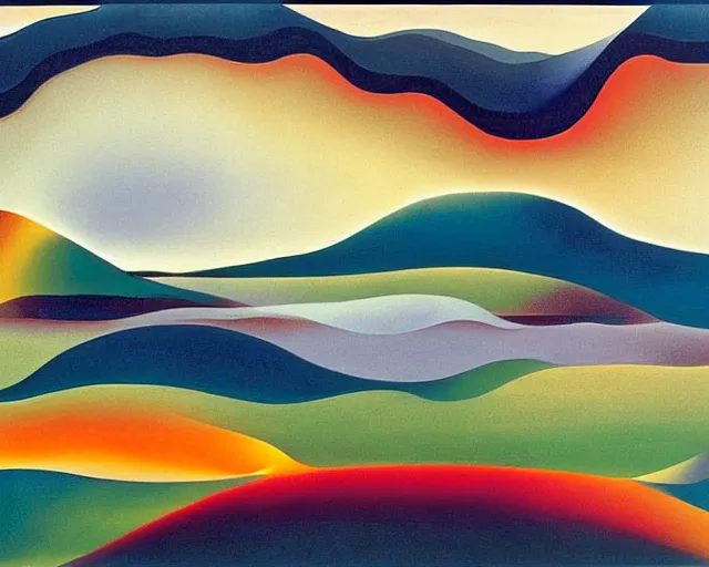 Prompt: An insane, modernist landscape painting. Wild energy patterns rippling in all directions. Curves, organic, zig-zags. Saturated color. Mountains. Clouds. Rushing water. Georgia O'Keeffe. Dali.