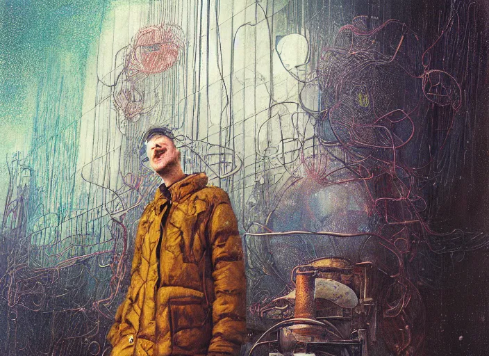 Image similar to portrait of man outside metal cityscape with ice crystals, cynical realism, painterly, yoshitaka amano, miles johnston, moebius, beautiful lighting, miles johnston, klimt, tendrils, in the style of, louise zhang, victor charreton, james jean, two figures