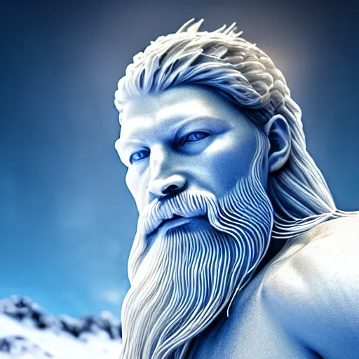 Prompt: photography of a hyper realistic crystal clear ice statue of un unknow viking warrior god. stuning, intricate, complexe. snowy mountains dream landscape. professional digital art, unreal engine 5