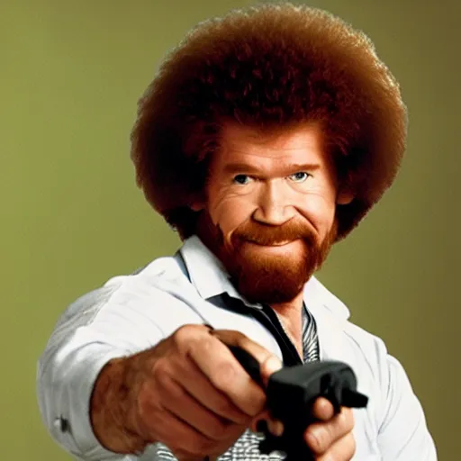 Prompt: Bob Ross showing off his nunchuck skills, action photography