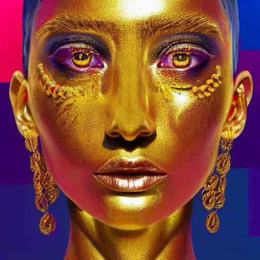 Image similar to hyperdetailed masterpiece portrait of a glossy golden metallic statue of a woman head covered in colorful glowing hexagons and chakras, symmetrical, in the style of virgil abloh, offwhite, heron prestorn, denoise, vogue, paris, fashion, halluzinogene, highly detailed, realistic, hyperreal, 8 k, 4 k, render