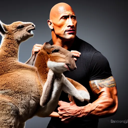 Prompt: dwayne johnson fighting a kangaroo, portrait, studio photography, studio lighting, high detail, 8 k