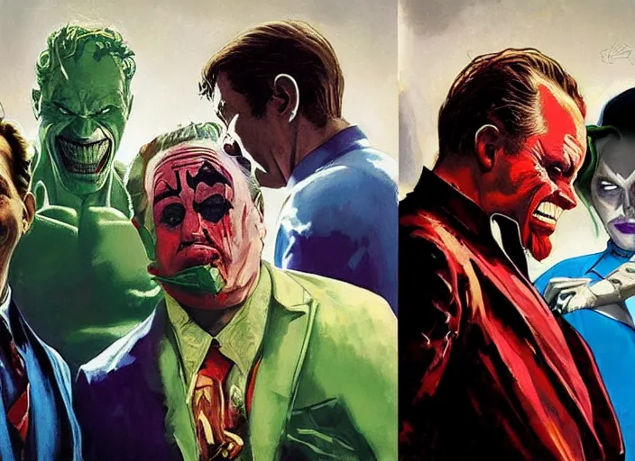 Prompt: a still from the movie avengers : infinty war, a still from the film joker in style of francis bacon and norman rockwell and james jean, a still from the movie the godfather, and mark brooks, triadic color scheme, by greg rutkowski, syd mead and edward hopper and norman rockwell and beksinski, dark surrealism