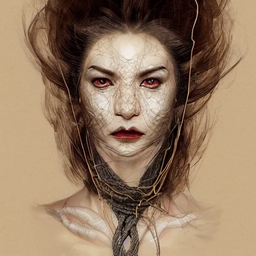 Image similar to portrait of a Shibari rope wrapped face and neck, headshot, insanely nice professional hair style, dramatic hair color, smoke, digital painting, of a old 13th century, traveler, amber jewels, baroque, ornate clothing, scifi, realistic, hyperdetailed, chiaroscuro, concept art, art by Franz Hals and Jon Foster and Ayami Kojima and Amano and Karol Bak,