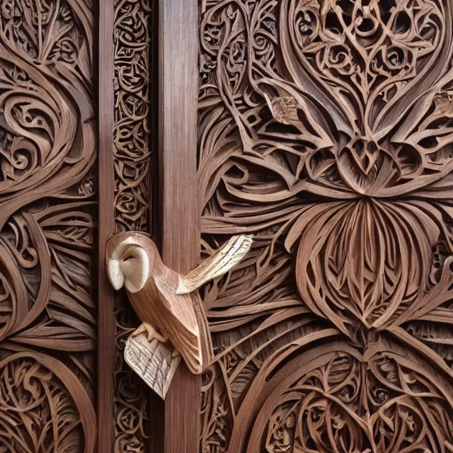 Image similar to a 3 d wooden mahogany art nouveau carved sculpture of a barn owl, in front of a delicate tracery pattern, intricate and highly detailed, well - lit, ornate, realistic, polished with visible wood grain