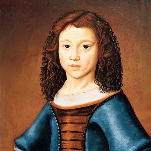 Image similar to caucasian boy age 11, with a curly mullet and brown eyes, renaissance portrait, vinatge painting royal painting