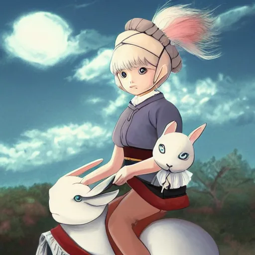 Prompt: a girl riding a giant white rabbit. the girl has short hair and black eyes. finely detailed face. digital art. in the style of miyazaki. 4 k. trending on artstation.