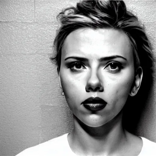 Image similar to scarlett johansson mugshot in jail, canon 3 5 mm photography