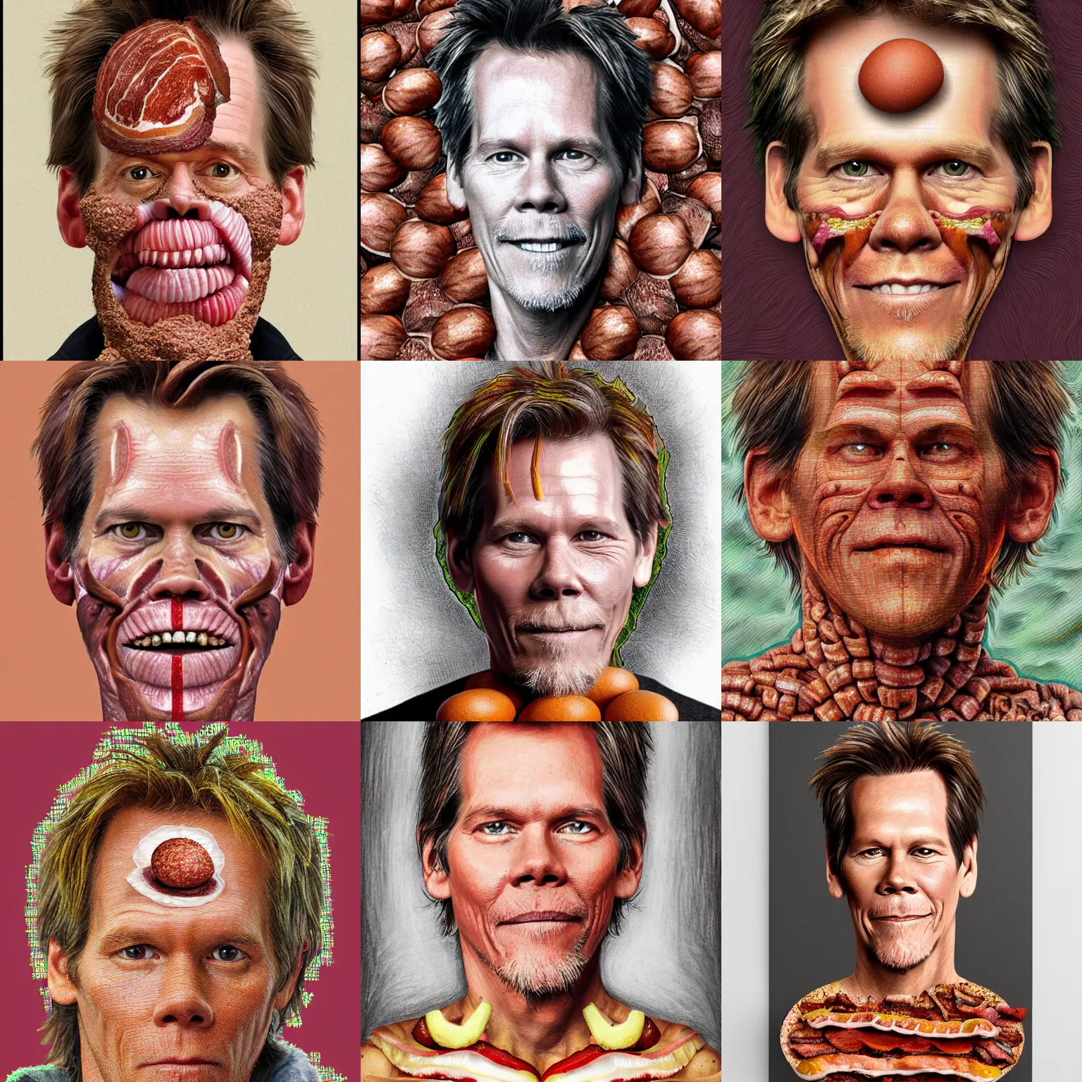 Prompt: highly detailed photo of kevin bacon made of eggs and 🥓 bacon, digital painting by arcimboldo