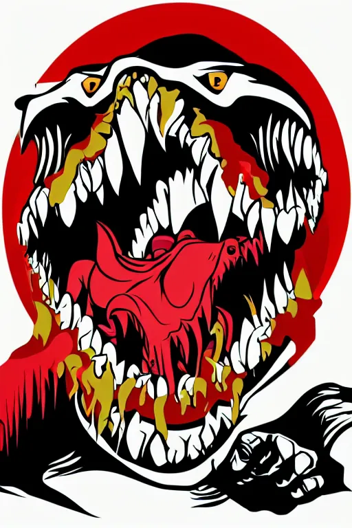 Image similar to Evil t-rex, the devil, sticker, blood thirsty, spawn of Satan, burning in hell, blood, evil, colorful, illustration, highly detailed, simple, smooth and clean vector curves, no jagged lines, vector art, smooth