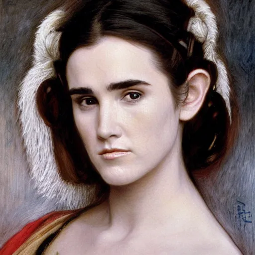 Prompt: headshot of jennifer connelly as princess leia in star wars by william bouguereau and louis rhead