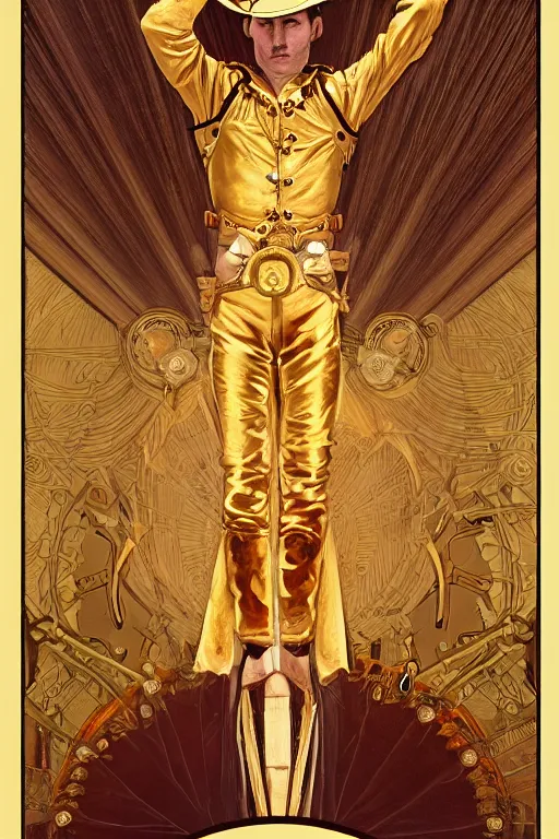 Prompt: a dramatic ethereal epic symmetrical painting of a handsome cowboy in a gold outfit | tarot card, art deco, art nouveau, (steampunk), homoerotic, realistic | by Dresden Codak, by Mark Maggiori and ((((Alphonse Mucha))) | trending on artstation