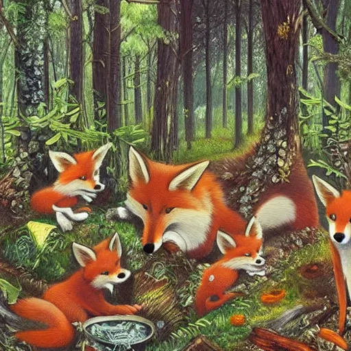 Prompt: “ a magical forrest with a fox family, rubbish showing how humans destroying the world, highly detailed painting ”