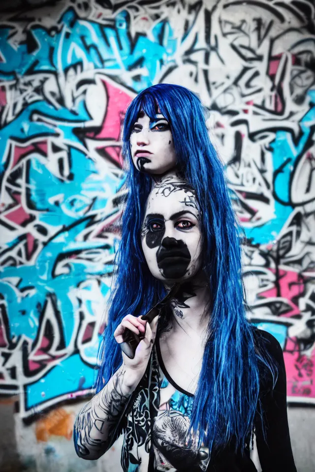 Image similar to a portrait of a grunge emo girl who has blue hair, a nose ring, black nails, fish net leggings, and is outside of a abandoned building with graffiti on it. Shallow depth of field. 4k hyperdetailed. Rendered with octane.