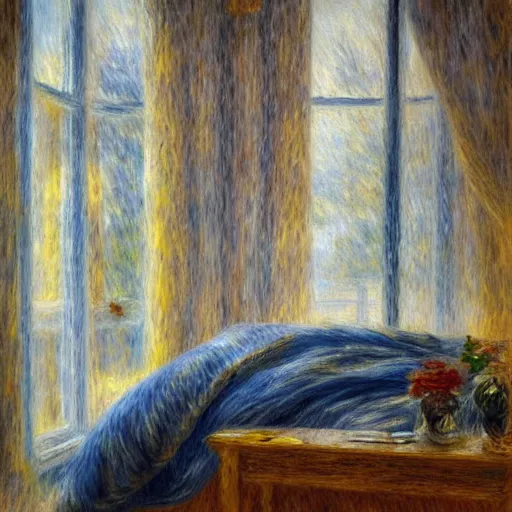 Image similar to on a rainy day, someone sits in bed, curled up under the covers, looking out the window, artstation, extremely detailed, intricate, cinematic lighting, art by pierre - auguste renoir