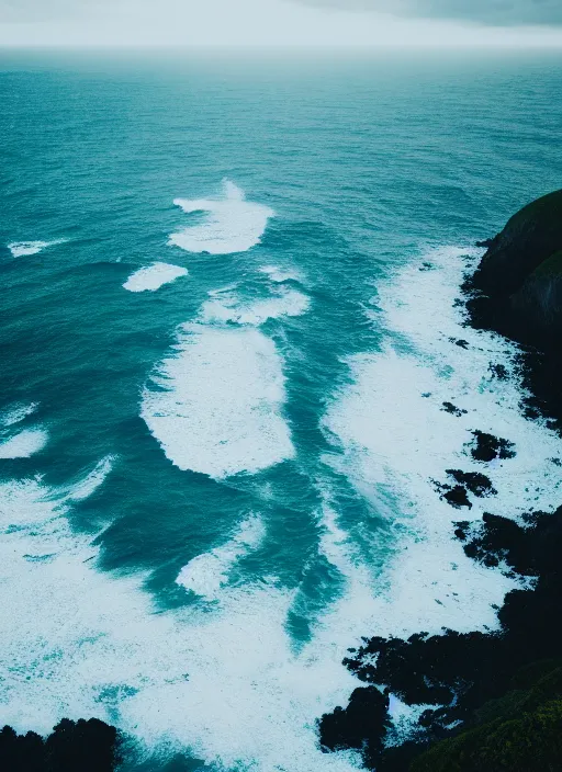 Image similar to a view of the ocean from a cliff, a tilt shift photo by liam wong, unsplash, naturalism, cinematic view, terragen, shot on 7 0 mm