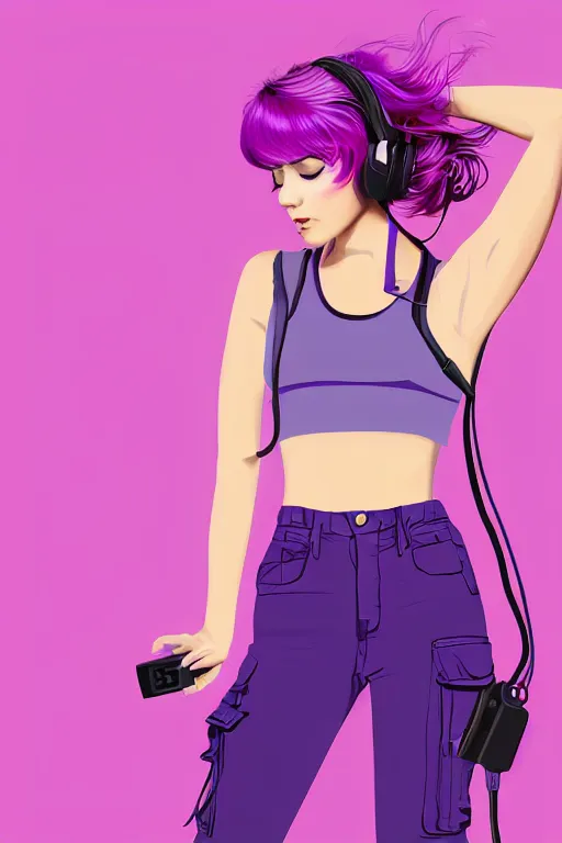 Image similar to a award winning half body portrait of a beautiful woman in a croptop and cargo pants with ombre purple pink teal hairstyle with head in motion and hair flying listenin to music on headphones by wlop, outrun, vaporware, shaded flat illustration, digital art, trending on artstation, highly detailed, fine detail, intricate