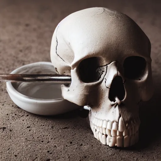 Prompt: close up of human skull used as ashtray, dark blurry background