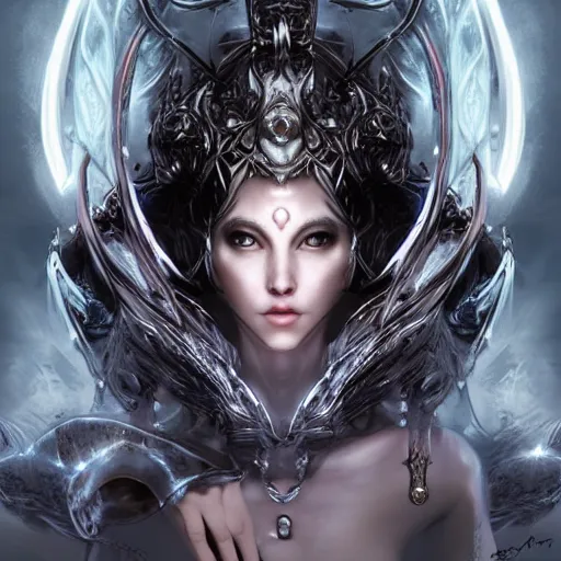 Prompt: fantasy sorceress women, symmetrical portrait, holy glow, by Yoshitaka Amano, Ruan Jia, Kentaro Miura, Artgerm, 8k