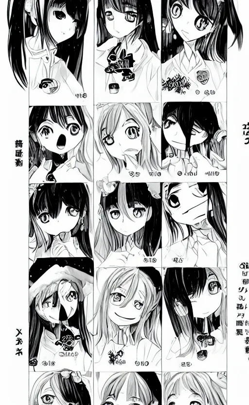 Prompt: a page of multi-panel shoujo!! ai school!! manga, black and white chibi manga!!! style, kawaii manga, japanese text kanji, coherent manga characters