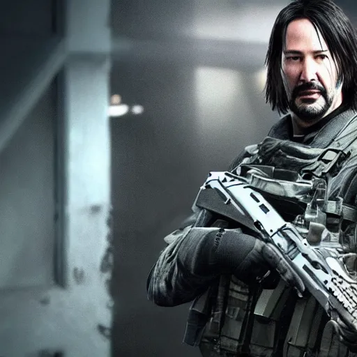 Image similar to Keanu reeves in Call of duty vanguard 4K detailed super realistic