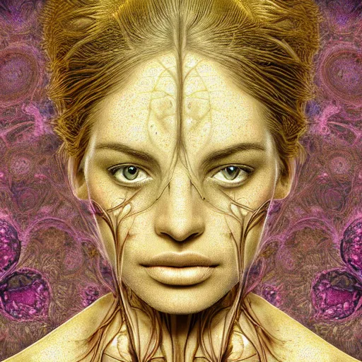 Image similar to face portrait of a beautiful woman, 150 mm, anatomical, flesh, flowers, mandelbrot fractal, veins, arteries, symmetric, intricate, golden ratio, full frame, microscopic, elegant, highly detailed, ornate, ornament, elegant , luxury, beautifully lit, ray trace, octane render in the style of peter Gric , alex grey and Romero Ressendi