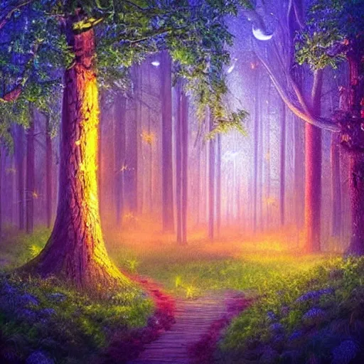 Image similar to an enchanted forest full of fireflies, night, warm light, fantasy art